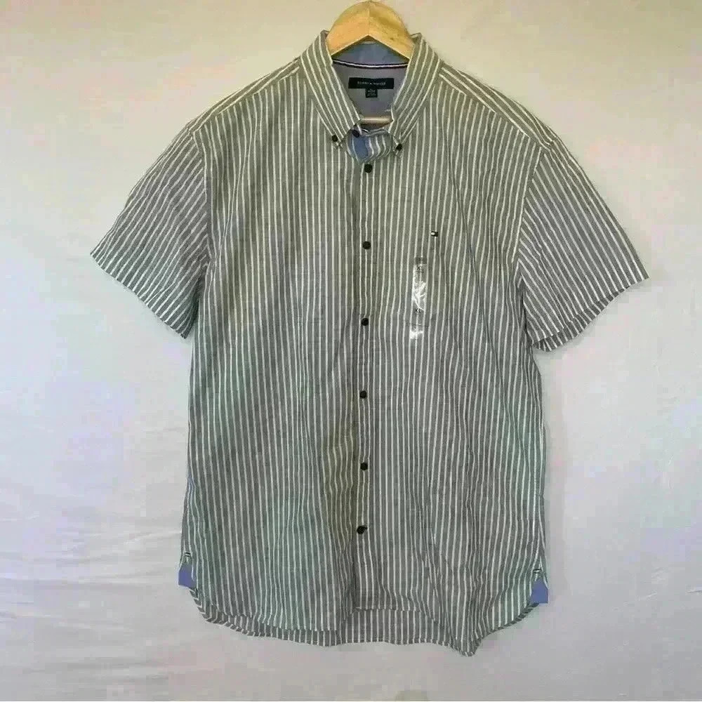 New Without Tags Men’s Tommy Hilfiger Grey and White Striped Polo Size XL